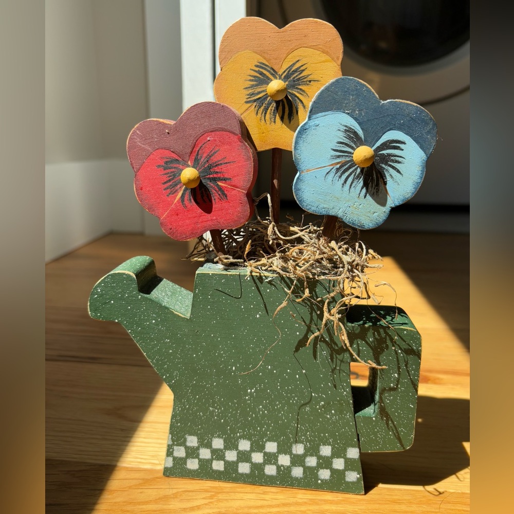 Unique, Adorable, and Vintage Wooden Pansies in Green Wooden Watering Can